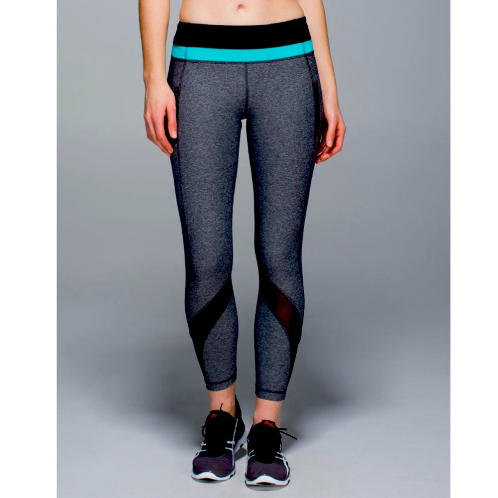 Lululemon Inspire II/Mesh Tights/Leggings Black/Blue Tropic-7/8 Length Size 6